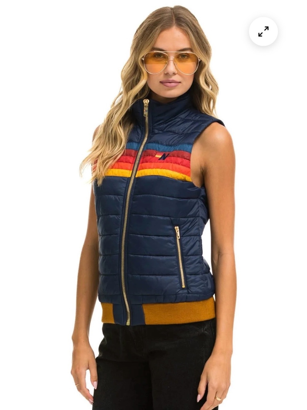 Aviator Nation Navy Puffer Vest with Rainbow Stripe